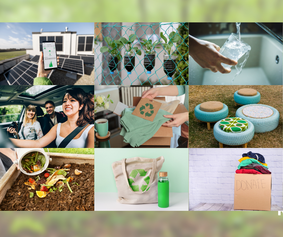 Colagem de atividades e iniciativas sustentáveis, incluindo energia solar, reciclagem e reutilização.